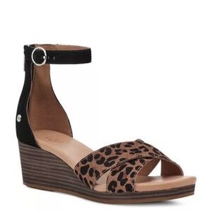 UGG Eugenia Leopard Print and black Suede Wedge with Ankle Strap Sandals.